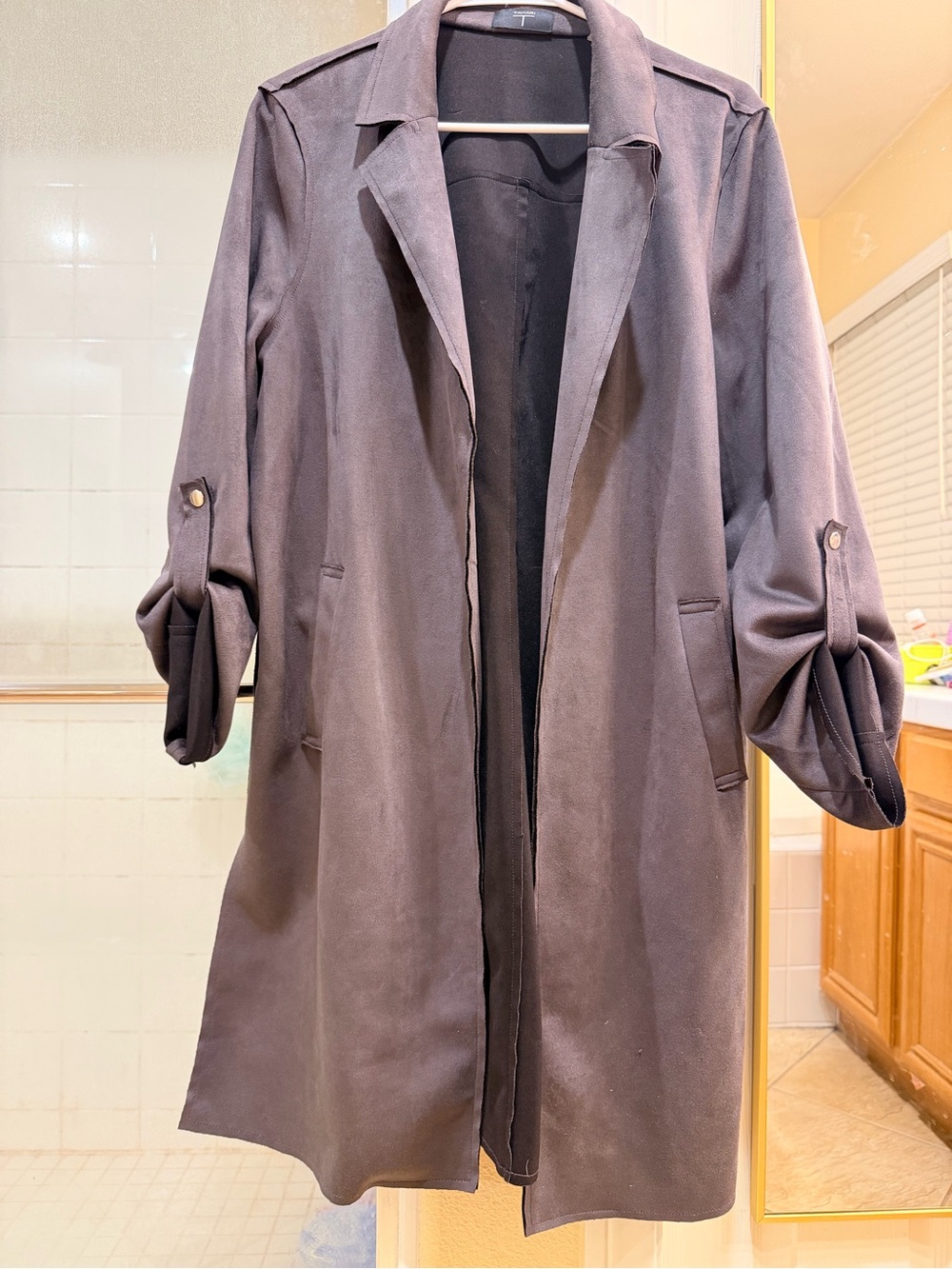 Tahari Dark Charcoal Open Front Trench Coat